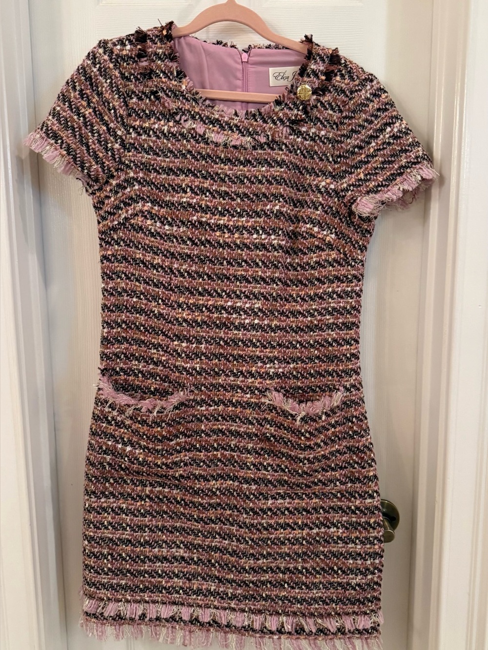 Eliza J Boucle Tweed Fringe Shift Dress Pink Multi Size 8
